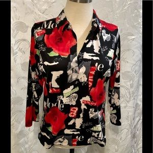 LR 3/4 Sleeve Pullover Blouse Red White Black